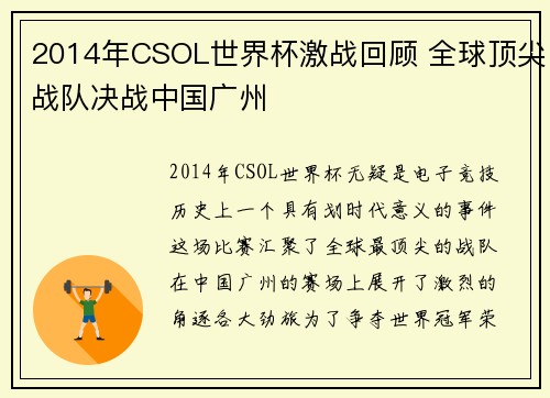 2014年CSOL世界杯激战回顾 全球顶尖战队决战中国广州