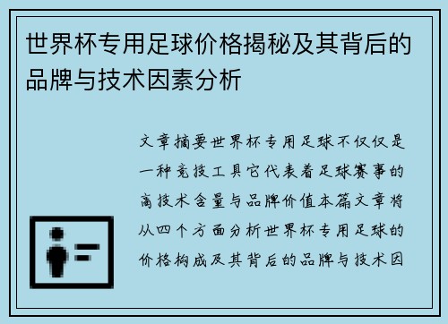 世界杯专用足球价格揭秘及其背后的品牌与技术因素分析