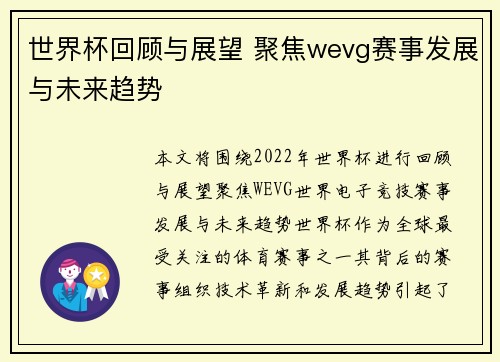世界杯回顾与展望 聚焦wevg赛事发展与未来趋势