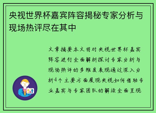 央视世界杯嘉宾阵容揭秘专家分析与现场热评尽在其中
